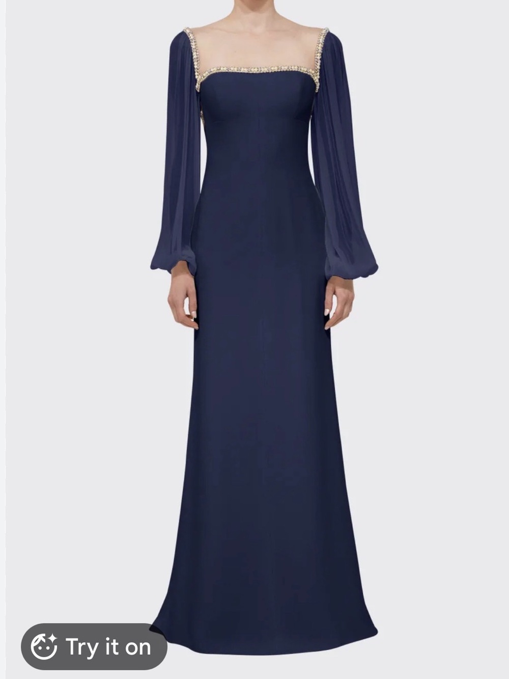 Reem Acra Navy Square-Neck Maxi Gown with Sheer Bishop Sleeves